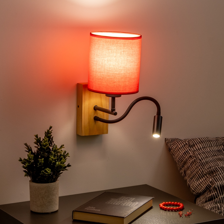 Brilagi - LED Pielāgojama sienas lampa NUBILA WOOD 1xE27/25W/230V + LED/3W ozols/sarkana