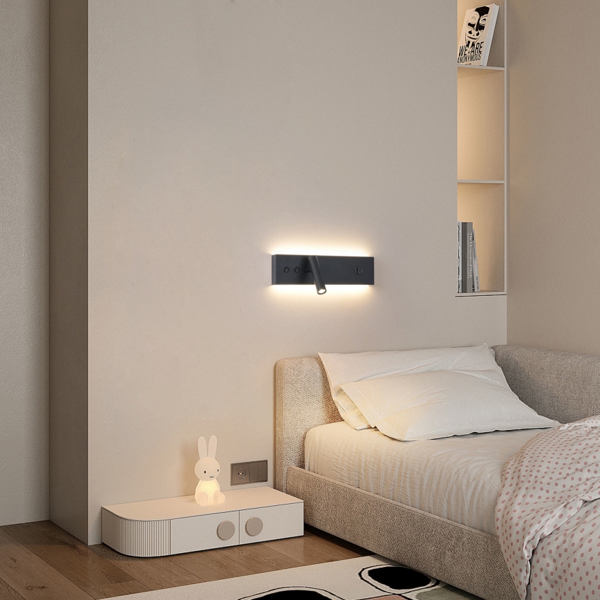 Brilagi - LED sienas punktveida gaismeklis ar USB portu NOCTIS LED/3W/230V + LED/9W melns