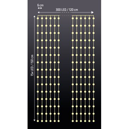 Brilagi - LED Ziemassvētku aizkars 300xLED/8 funkcijas/3xAA/USB 1,2m siltā baltā krāsā