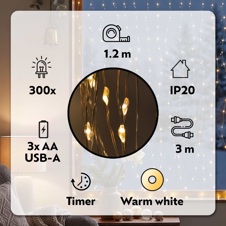 BRILAGI - LED Ziemassvētku aizkars 300xLED/8 funkcijas/3xAA/USB 1,2m siltā baltā krāsā