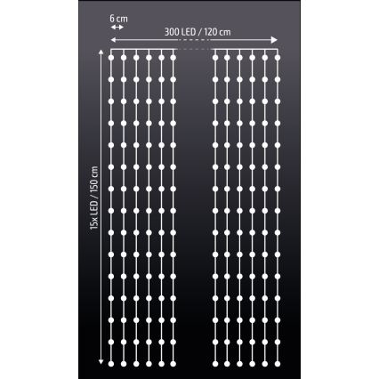 Brilagi - LED Ziemassvētku aizkars 300xLED/8 funkcijas/3xAA/USB 1,2m vēsi balta