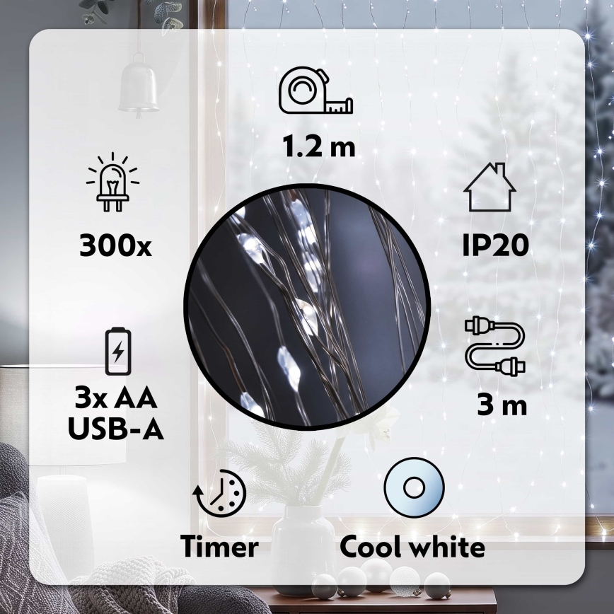 BRILAGI - LED Ziemassvētku aizkars 300xLED/8 funkcijas/3xAA/USB 1,2m vēsi balta