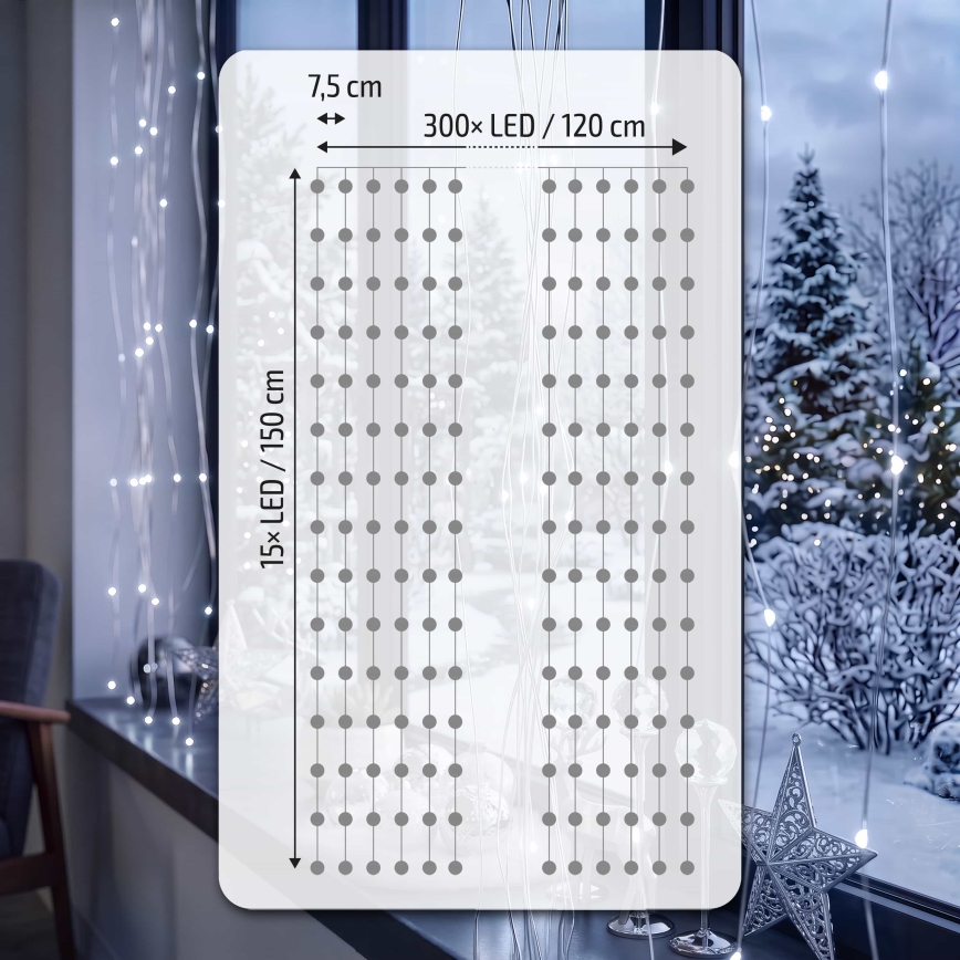 BRILAGI - LED Ziemassvētku aizkars 300xLED/8 funkcijas/3xAA/USB 1,2m vēsi balta