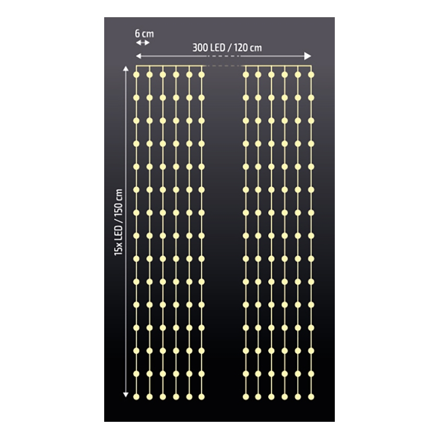 Brilagi - LED Ziemassvētku aizskars 300xLED/8 funkcijas/3xAA/USB 1,2m silti balts
