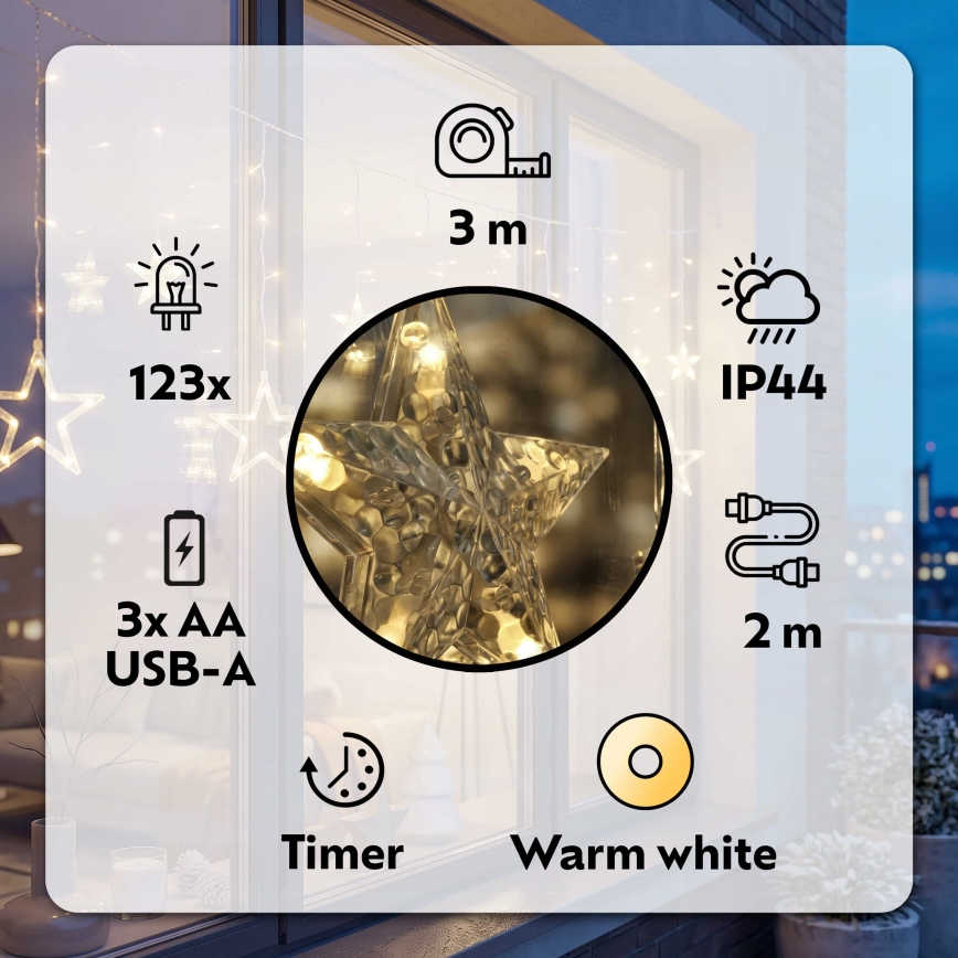 BRILAGI - LED Ziemassvētku āra aizskars 123xLED/3xAA/USB 3m IP44 silti balts