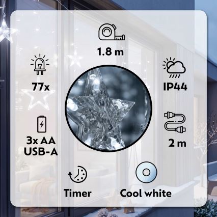 BRILAGI - LED Ziemassvētku āra aizskars 77xLED/3xAA/USB 1,8m IP44 vēsi balts