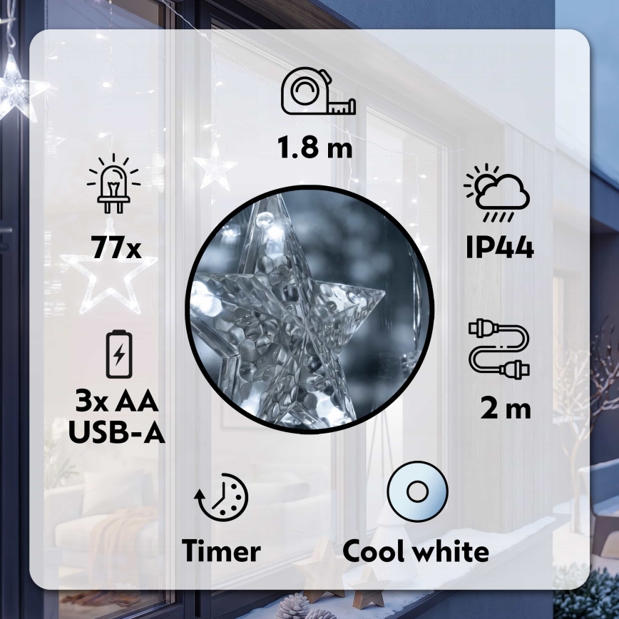BRILAGI - LED Ziemassvētku āra aizskars 77xLED/3xAA/USB 1,8m IP44 vēsi balts