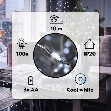 BRILAGI - LED Ziemassvētku virtene 100xLED/3xAA 10m auksti balta