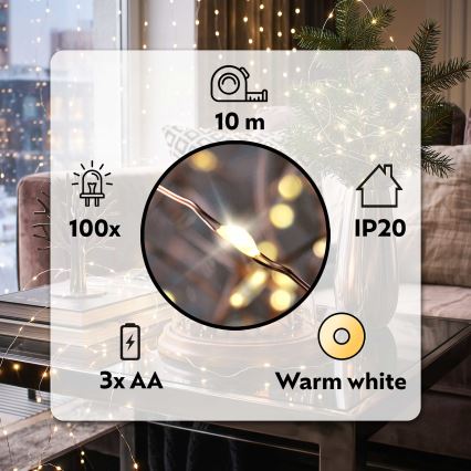 Brilagi - LED Ziemassvētku virtene 100xLED/3xAA 10m siltā balta