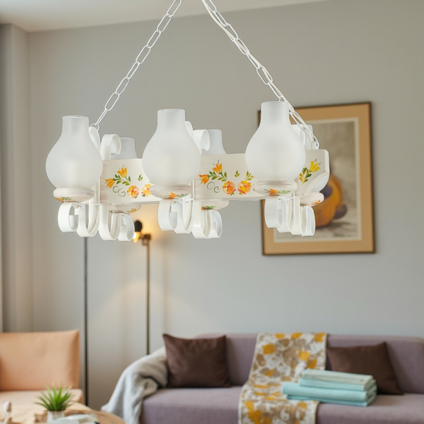 Brilagi - Lustra uz ķēdes QUEEN 6xE14/40W/230V bēškoka/krēmkrāsa