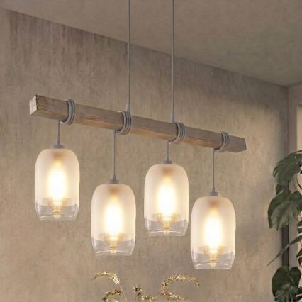 BRILAGI - Pakaramā lampa ar kabeli WOOD GLASS 4xE27/60W/230V priede/pelēka/balta