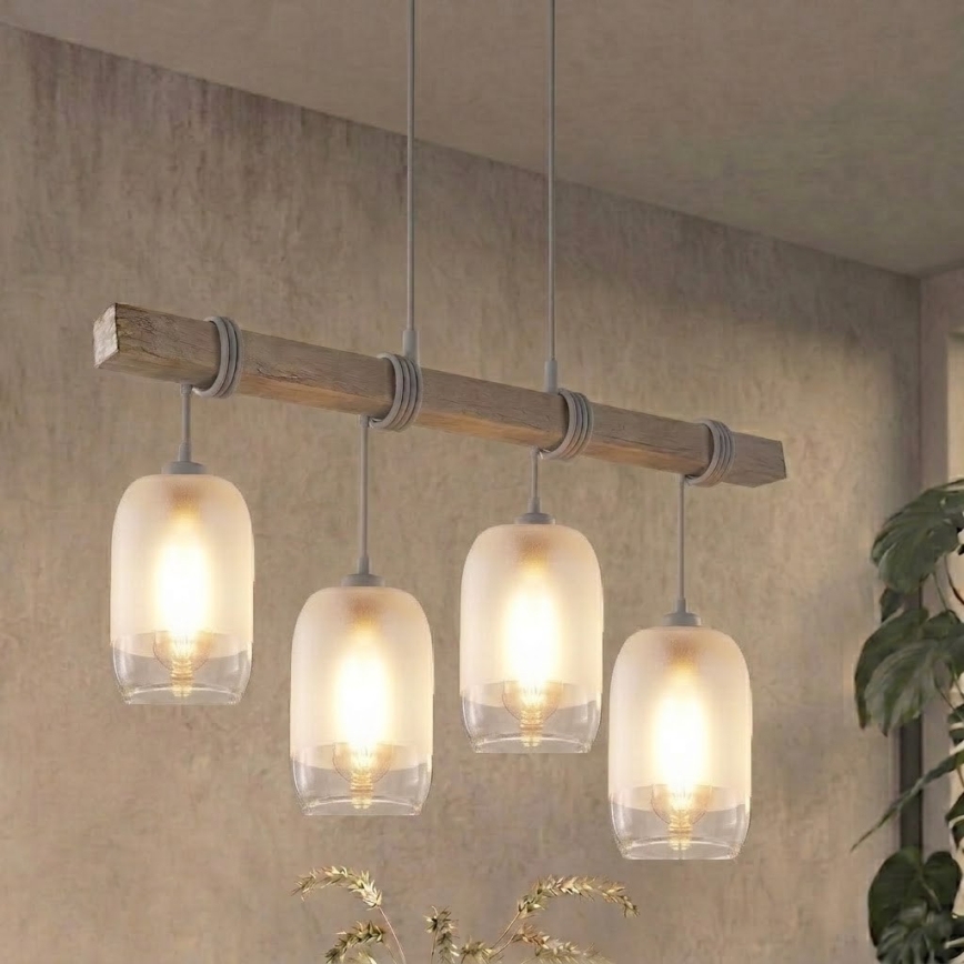 BRILAGI - Pakaramā lampa ar kabeli WOOD GLASS 4xE27/60W/230V priede/pelēka/balta