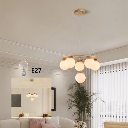 Brilagi - Pakaramā lampa ar vadu VISBY WOOD 6xE27/60W/230V, diametrs 58 cm, no kaučuka koksnes