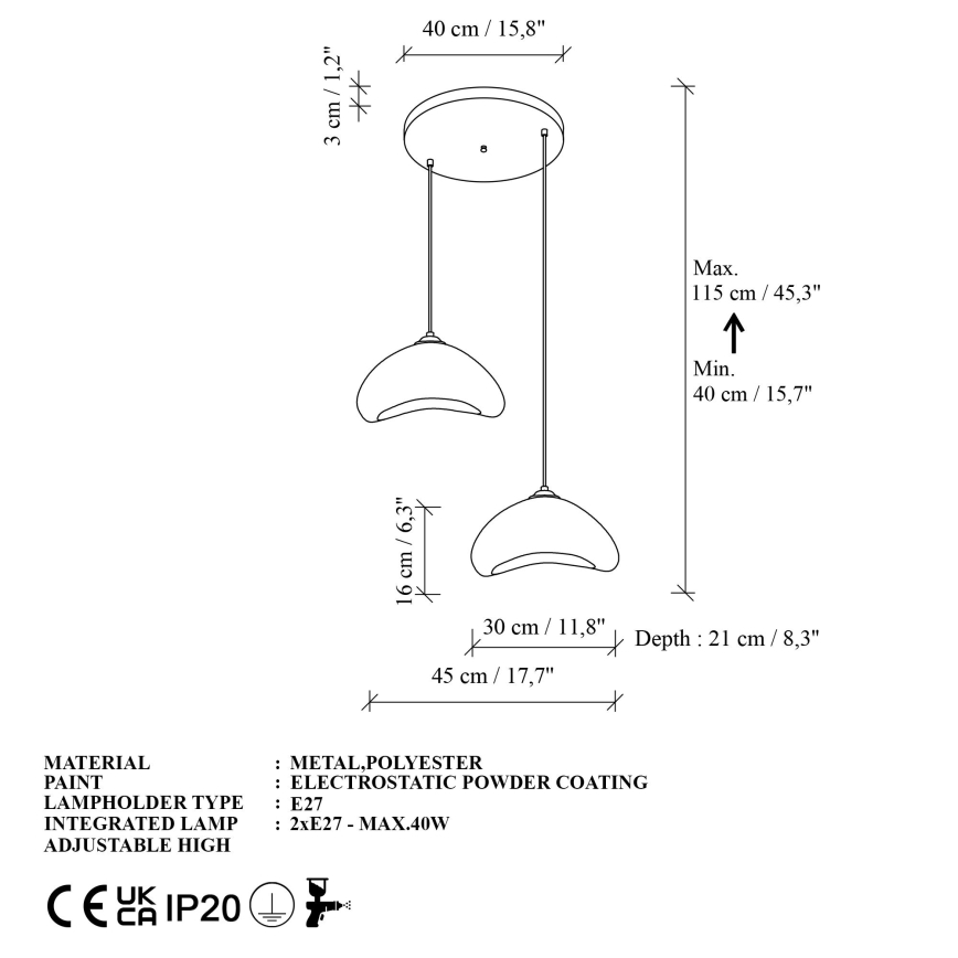 Brilagi - Pakaramā lampa uz kabeļa WABI SABI 2xE27/40W/230V Ø 45 cm balta