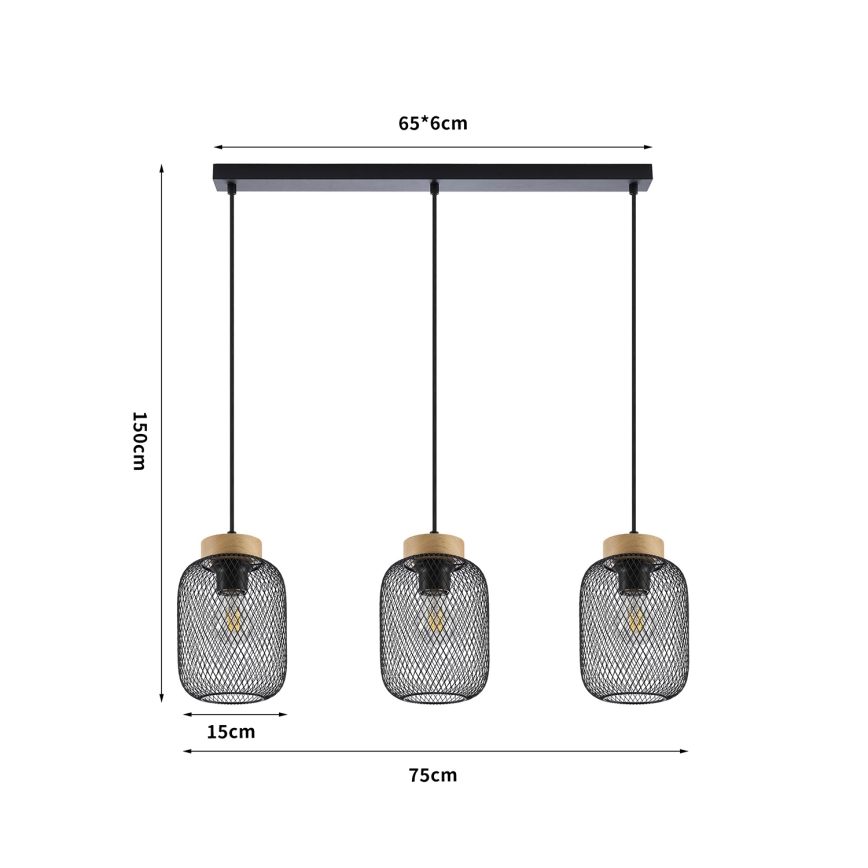 Brilagi - pakaramā lampa uz troses BASKLITE 3xE27/15W/230V koks/melns
