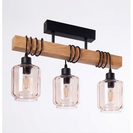BRILAGI - Uzstādāmā griestu lustra WOOD GLASS 3xE27/60W/230V priede/melna/dūmaina bēša