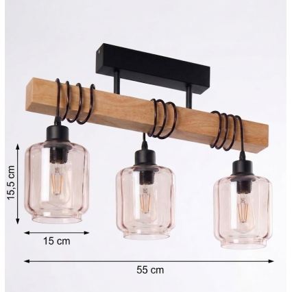 BRILAGI - Uzstādāmā griestu lustra WOOD GLASS 3xE27/60W/230V priede/melna/dūmaina bēša
