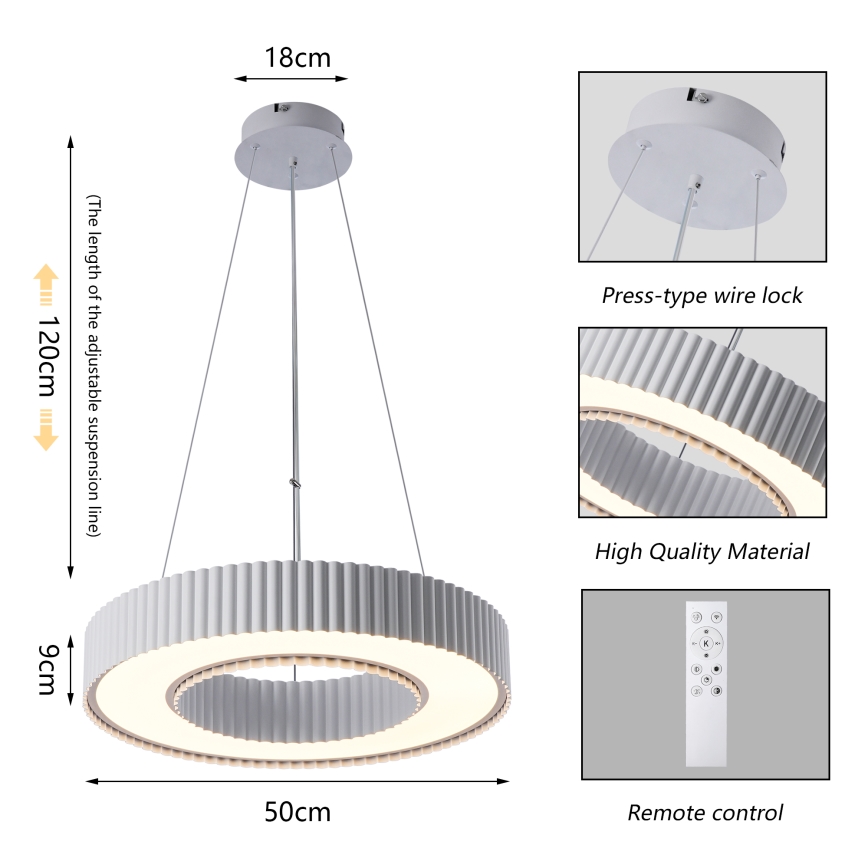 Brilagi - LED regulējama pakaramā lampa uz troses LUMIX LED/48W/230V 3000-6000K balta Ø 50 cm + tālvadības pults