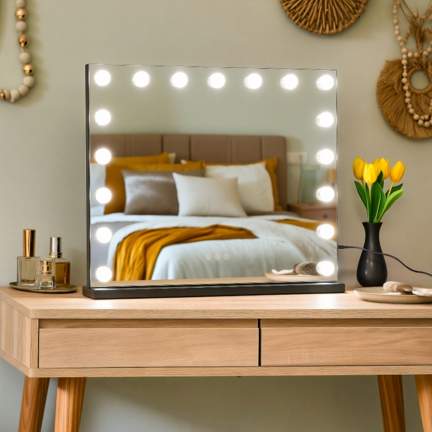BRILAGI - Grima spogulis ar regulējamu spilgtumu HOLLYWOOD LED/15W/230V CCT + 2x USB 60x50 cm melns