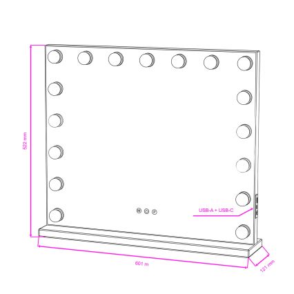 BRILAGI - Grima spogulis ar regulējamu spilgtumu HOLLYWOOD LED/15W/230V CCT + 2x USB 60x50 cm melns