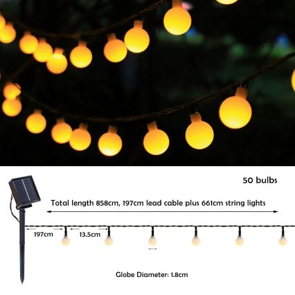Brilagi - LED saules dekoratīvā virtene BUBBLE 50 LED / 8 funkcijas 7 m IP65 silti balta 600 mAh