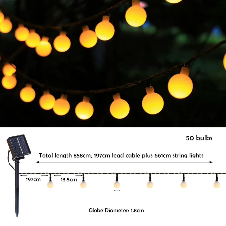 Brilagi - LED saules dekoratīvā virtene BUBBLE 50 LED / 8 funkcijas 7 m IP65 silti balta 600 mAh