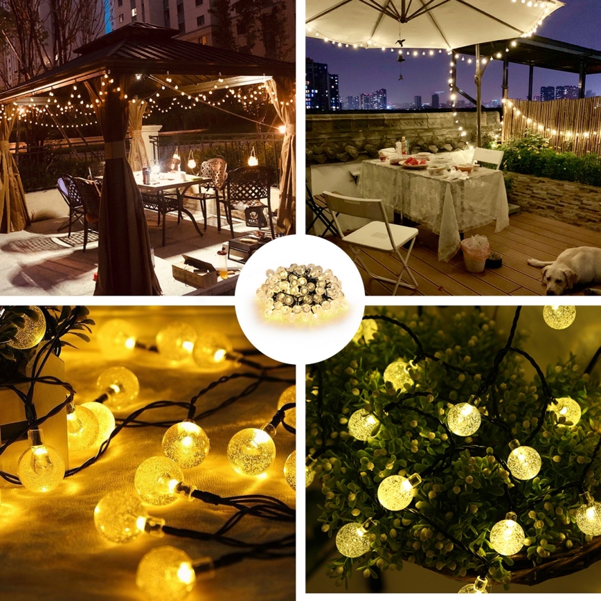 BRILAGI - saules darbināms LED dekoratīvais virtenis BUBBLE, 300 LED / 8 apgaismojuma režīmi, 30 m, IP65, siltā balta, 500 mAh