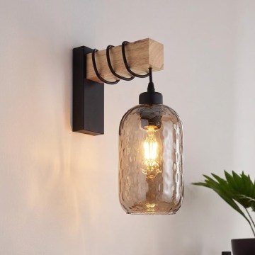 BRILAGI - Sienas gaismeklis WOOD GLASS 1xE27/60W/230V priede/melna/dūmainā brūnā