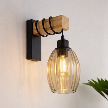 BRILAGI - Sienas gaismeklis WOOD GLASS 1xE27/60W/230V priede/melns/dūmakaini bēšs