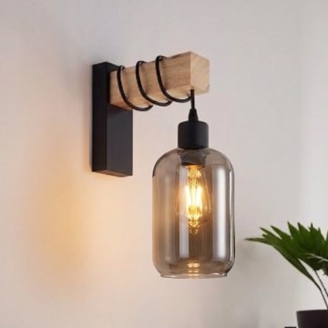 BRILAGI - Sienas gaismeklis WOOD GLASS 1xE27/60W/230V priede/melns/dūmakaini pelēks