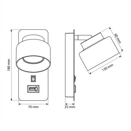 Brilagi - Sienas lampa ar USB portu AURA LUX 1xGX53/30W/230V melna/zelta