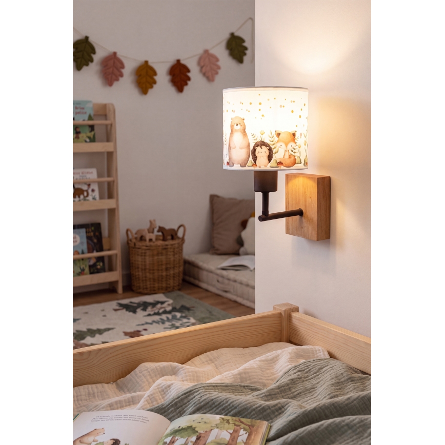 BRILAGI - Bērnu sienas lampa BOBO WOOD 1xE27/25W/230V ozols/melns/balts/dzīvnieciņi