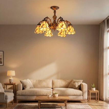 Brilagi - Tiffany stila vitrāžas virsmas montējamā griestu lampa FOLIA 6xE27/60W/230V Ø 60 cm