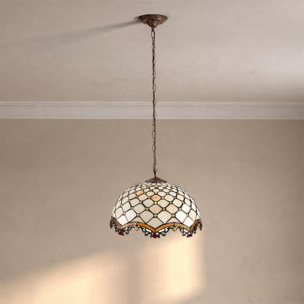 Brilagi - Tiffany vitrāžas lustra uz ķēdes, ziloņkaula, 1xE27/60W/230V, Ø 40 cm