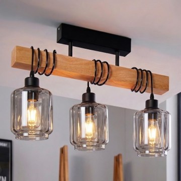 BRILAGI - Uzstādāmā griestu lustra WOOD GLASS 3xE27/60W/230V priede/melna/dūmaina bēša