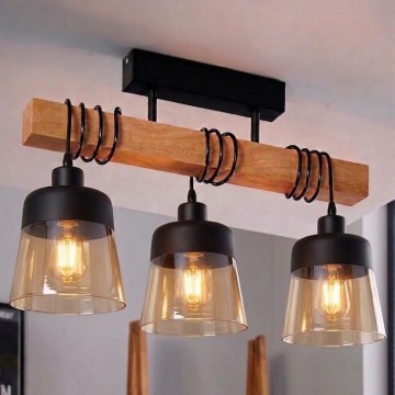 BRILAGI - Virsmas montāžas griestu lampa WOOD GLASS 3xE27/60W/230V priede/melna/dūmota brūna