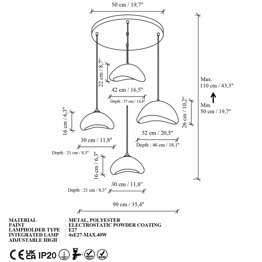 Brilagi – WABI SABI pakaramā lampa uz vada, 4xE27/40W/230V, Ø 90 cm, balta