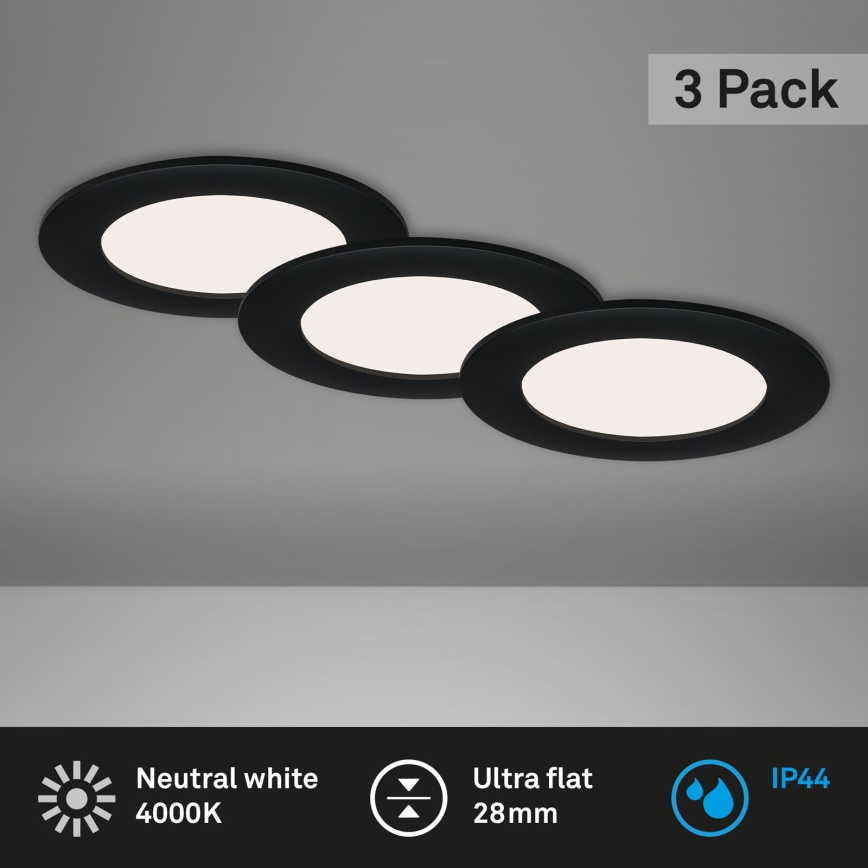 Brilo - komplekts 3x LED vannas istabas iebūvējamie griestu gaismekļi FLAT LED/6W/230V IP44 melni