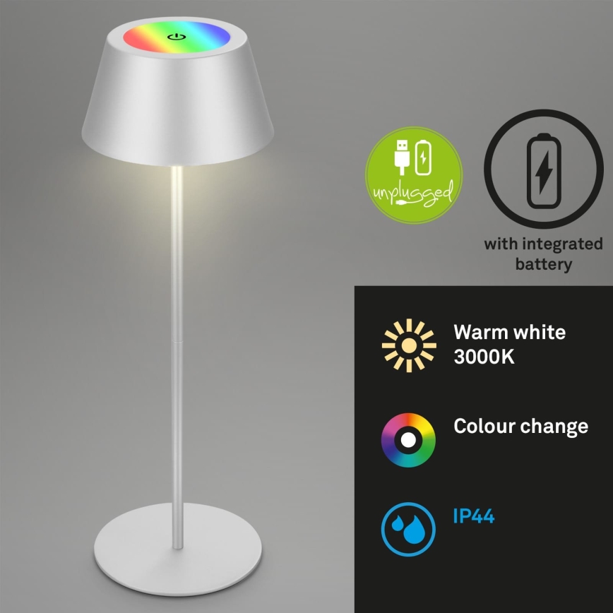 Brilo - KIKI LED RGB āra galda lampa, aptumšojama, uzlādējama, skārienvadāma, LED/2,6W/5V, IP44, 2600 mAh, sudraba