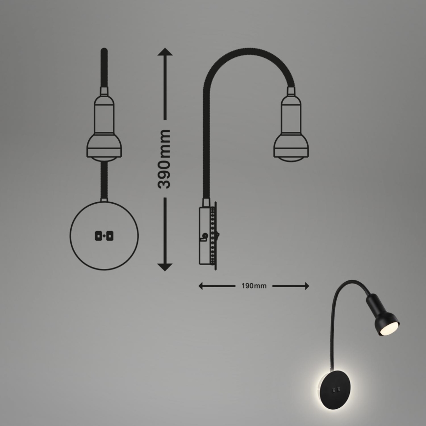 Briloner 2178015 - LED Sienas pielāgojama lampa 1xE14/10W/230V + LED/3W melna