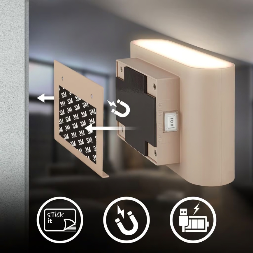 Briloner 3878011 - Uzlādējams LED sienas gaismeklis ar kustības un krēslas sensoru CHAT LED/3W/5V 2000 mAh bēšs