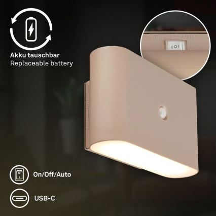 Briloner 3878011 - Uzlādējams LED sienas gaismeklis ar kustības un krēslas sensoru CHAT LED/3W/5V 2000 mAh bēšs