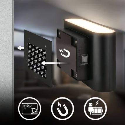 Briloner 3878015 - uzlādējamā LED sienas lampa ar kustības un krēslas sensoru CHAT LED/3W/5V 2000 mAh melna