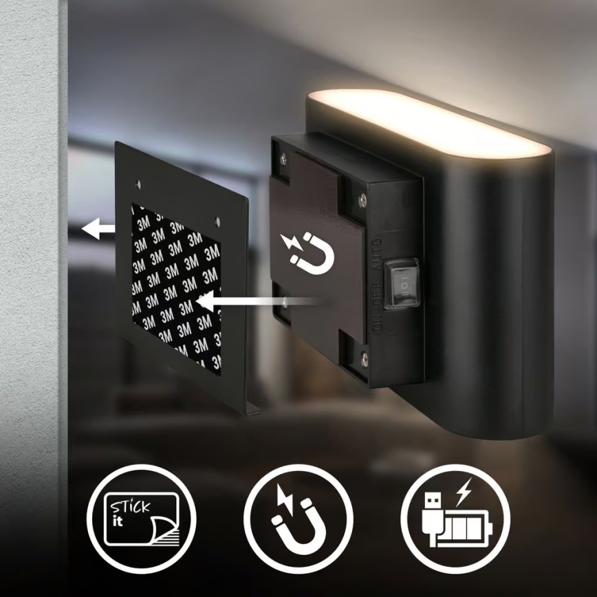 Briloner 3878015 - uzlādējamā LED sienas lampa ar kustības un krēslas sensoru CHAT LED/3W/5V 2000 mAh melna