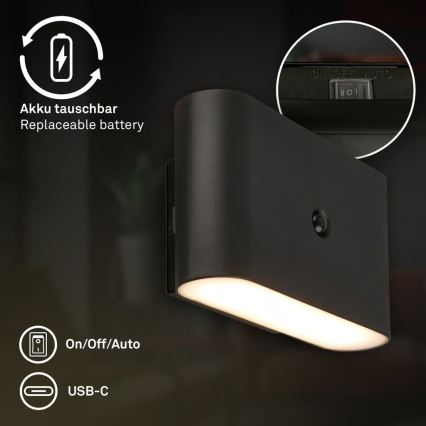Briloner 3878015 - uzlādējamā LED sienas lampa ar kustības un krēslas sensoru CHAT LED/3W/5V 2000 mAh melna