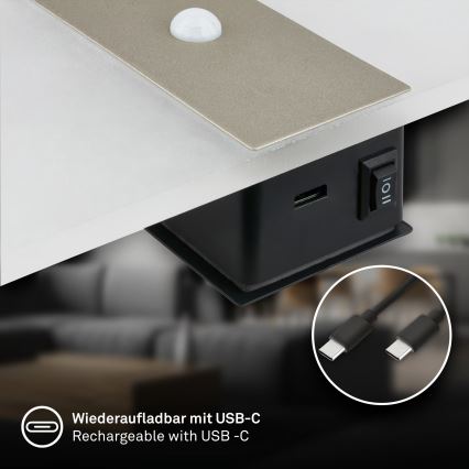 Briloner 3888012 - LED uzlādējams sienas gaismeklis ar kustības un krēslas sensoru AURA LED/2,5W/5V 1800 mAh matēts hroms