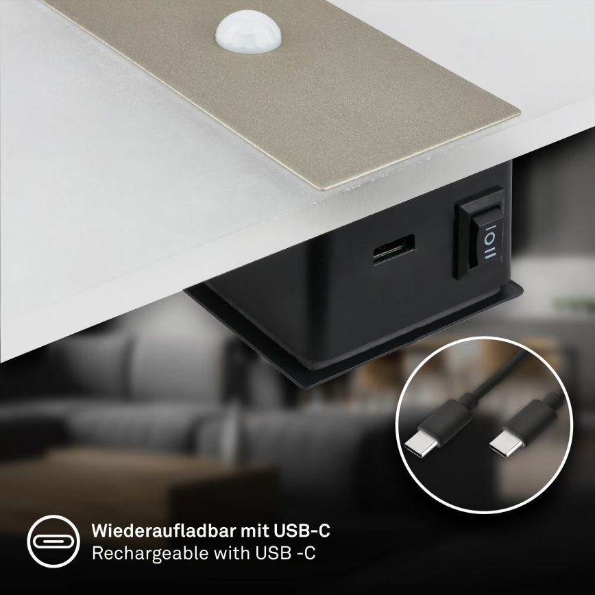 Briloner 3888012 - LED uzlādējams sienas gaismeklis ar kustības un krēslas sensoru AURA LED/2,5W/5V 1800 mAh matēts hroms