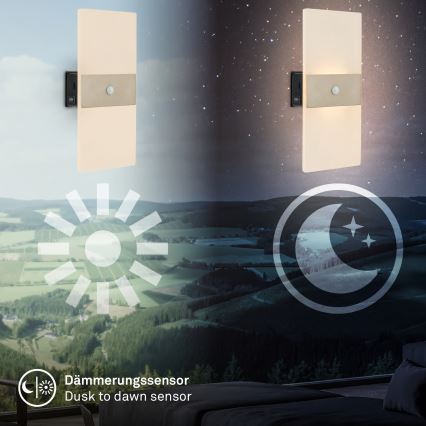 Briloner 3888012 - LED uzlādējams sienas gaismeklis ar kustības un krēslas sensoru AURA LED/2,5W/5V 1800 mAh matēts hroms