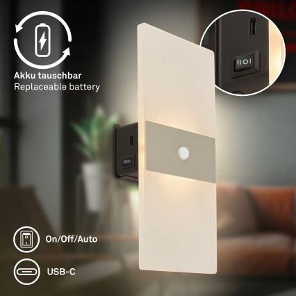 Briloner 3888012 - LED uzlādējams sienas gaismeklis ar kustības un krēslas sensoru AURA LED/2,5W/5V 1800 mAh matēts hroms