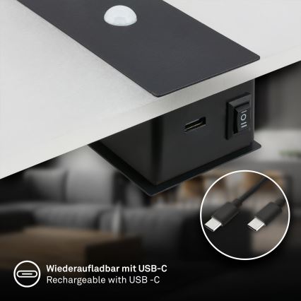 Briloner 3888015 - LED uzlādējamais sienas gaismeklis ar kustības un krēslas sensoru AURA LED/2,5W/5V 1800 mAh melns